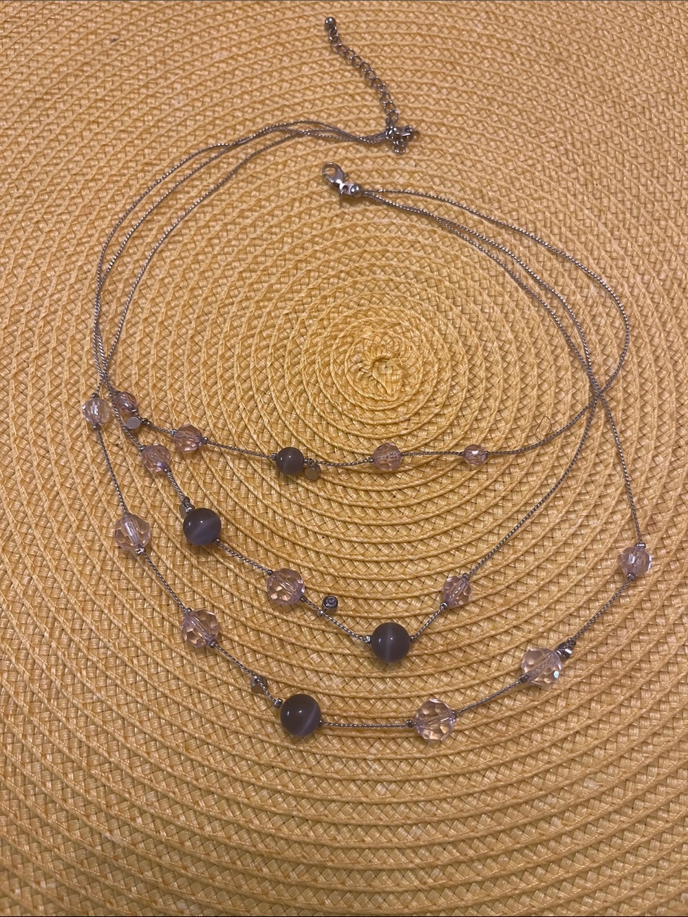 Multi-Strand Silver Necklace with Gray and Light Purple Beads